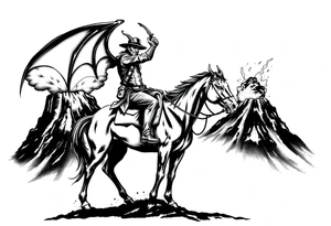 Silhouette of a demon cowboy on a horse, against a volcanic eruption. tattoo idea