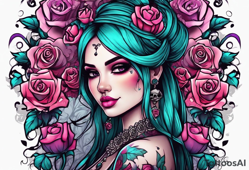 Chubby gothic girl, roses, skulls, teal, pink, purple tattoo idea