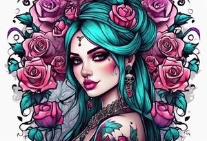 Chubby gothic girl, roses, skulls, teal, pink, purple tattoo idea