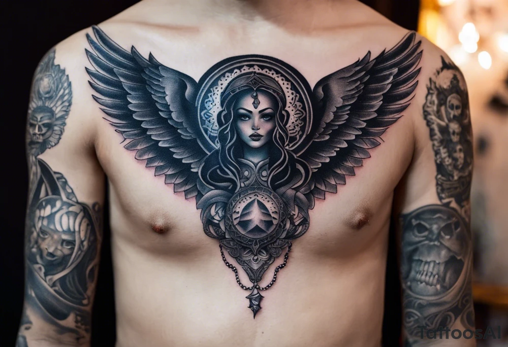 black kali, goddess pirate, alien, angel, pachamama, valkrye, warrior, flying, skull, lotus azul, wing, eagle, zenza resonance, stars, 5D, anahata chakra, death, durga, riding on a tiger, flying lady, chest tatoo tattoo idea