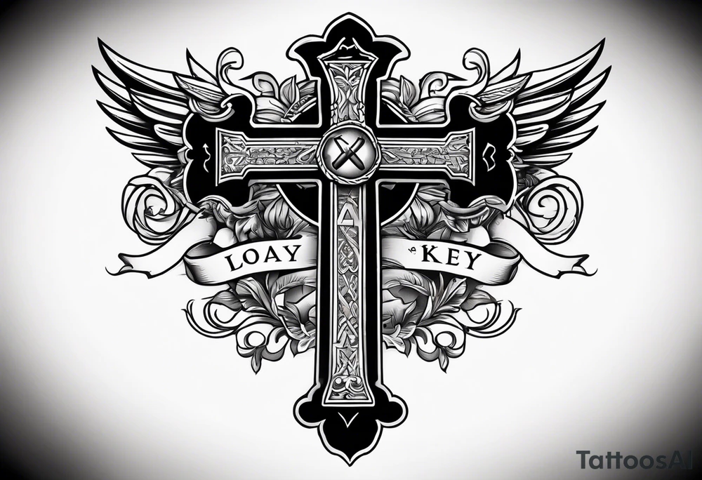 Cross with wording saying Loyalty Is Key in old English with two ak-47 and money in the background tattoo idea