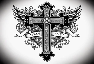 Cross with wording saying Loyalty Is Key in old English with two ak-47 and money in the background tattoo idea