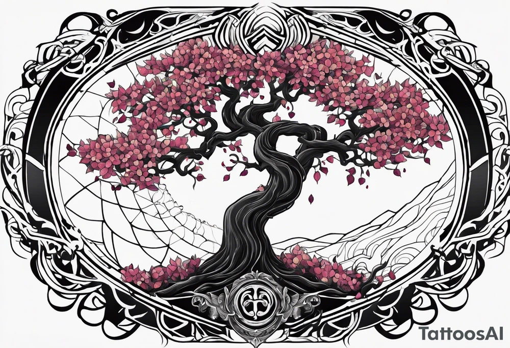 Tattoo dans le dos, yggdrasil et quelques éléments en plus, 5 ou 6 feuilles de cerisier en couleur, le logo de tommorowland vers les racines, une forme géométrique à l'arrière plan du tatouage tattoo idea