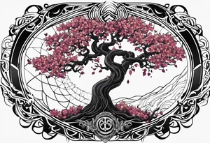 Tattoo dans le dos, yggdrasil et quelques éléments en plus, 5 ou 6 feuilles de cerisier en couleur, le logo de tommorowland vers les racines, une forme géométrique à l'arrière plan du tatouage tattoo idea