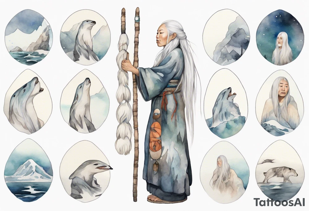 a solitary Inuit woman with long white hair holding onto a white wooden staff tattoo idea