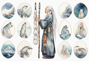 a solitary Inuit woman with long white hair holding onto a white wooden staff tattoo idea