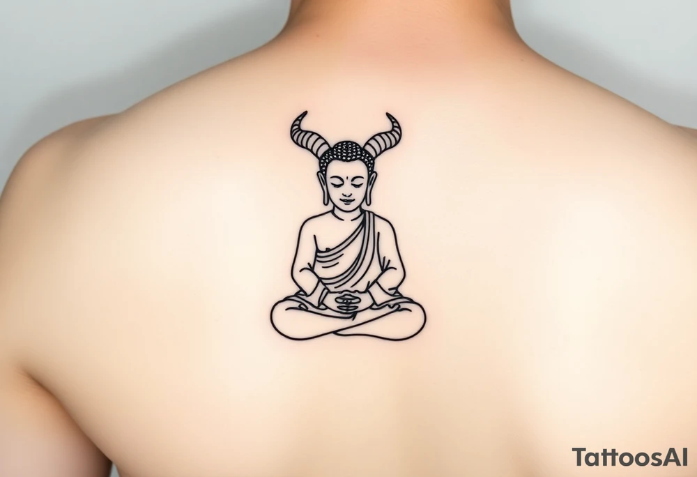 "Minimalist black tattoo of Buddha with small horns and a tail sitting in lotus pose. Clean line art, no shading.  

Key details:  
- Horns: Curved like a ram’s (2-3 cm)  
- Tail: Thin and pointed, curling slightly (like a devil’s tail)  
- Face: Serene, eyes closed, slight smile  
- Style: Bold outlines, dotwork for texture  

Placement: Forearm, 8-10 cm tall." tattoo idea