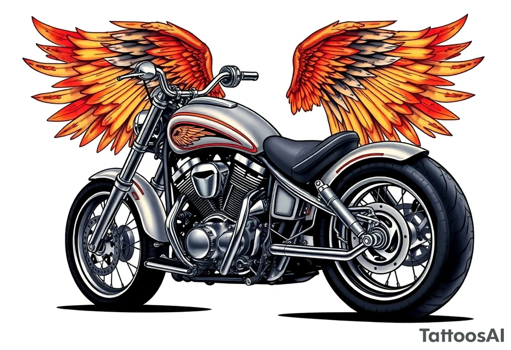 Low rider grey motorcycle, big muffler pipes with flames, angel wings tattoo idea