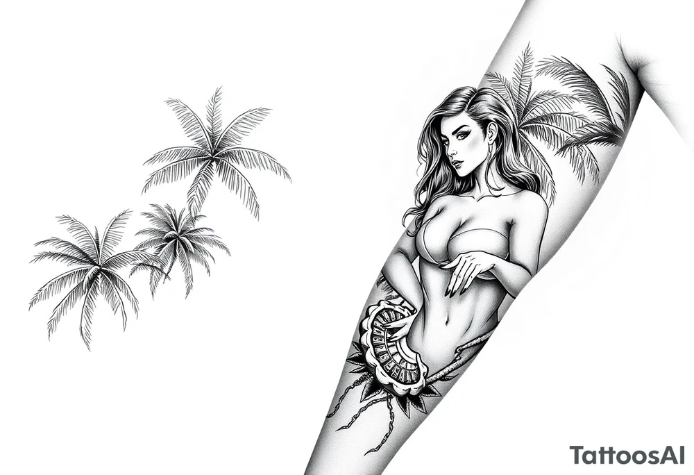 palm tree beach background gambler miami girl roulette on forearm tattoo idea