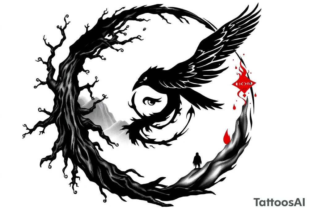 Tattoo design combining a black spiral, nature elements like roots, vines, fog, and flowing water, mythological symbols like Norse runes, a raven, and a shadowy wolf spirit. Include anime elements from Naruto and One Piece: Sharingan eye, chakra flames, Itachi silhouette, Kurama, Luffy in Gear 5, and Zoro’s swords. Style should be black and grey with red highlights, mystical, powerful, and artistic – blending nature, mythology, and anime tattoo idea