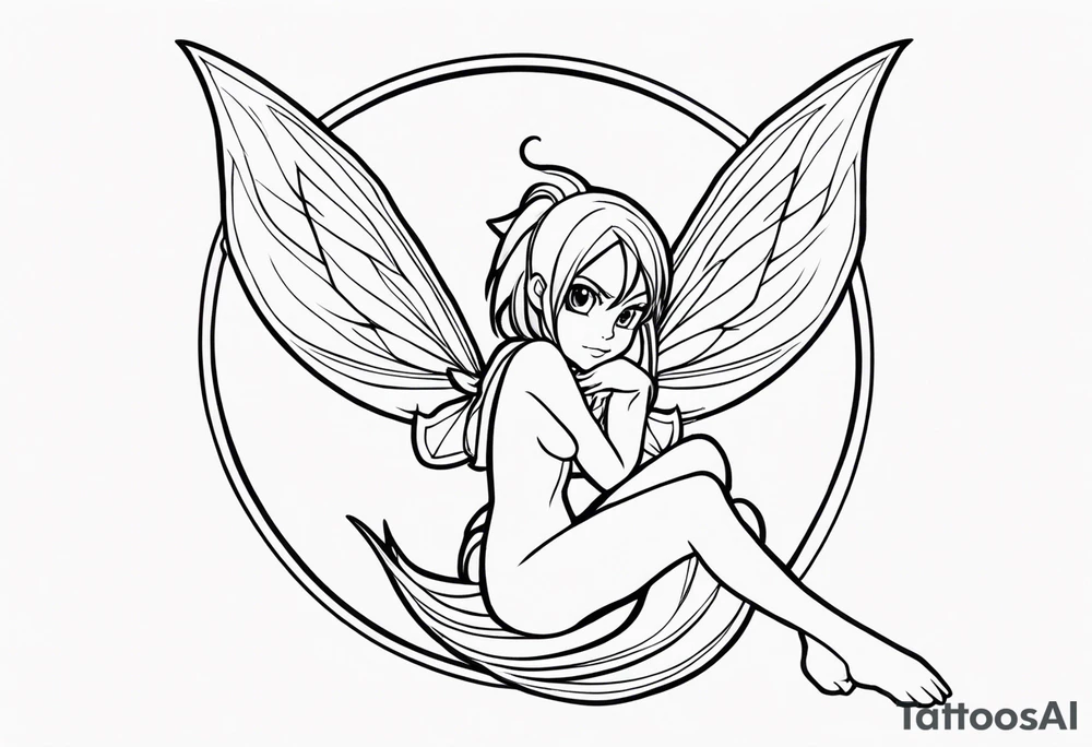 No color fairy with a tail inspired by the logo of the show called Fairy Tail in a fetal position leaning in tattoo idea