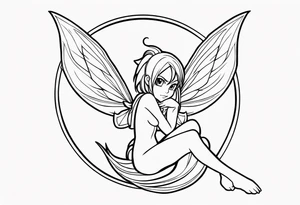 No color fairy with a tail inspired by the logo of the show called Fairy Tail in a fetal position leaning in tattoo idea