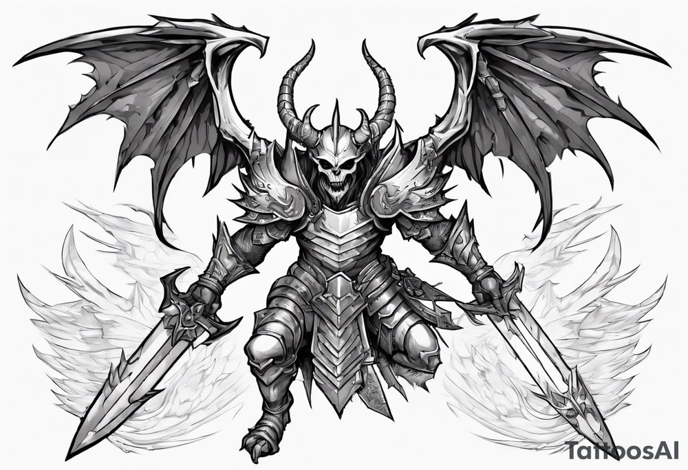 A winged light demon wearing armor that is in mid-air with his two-handed sword about to attack in isometric view. tattoo idea