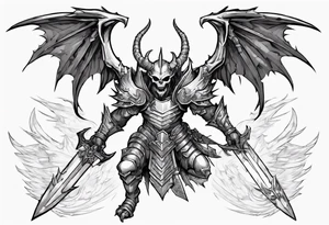 A winged light demon wearing armor that is in mid-air with his two-handed sword about to attack in isometric view. tattoo idea