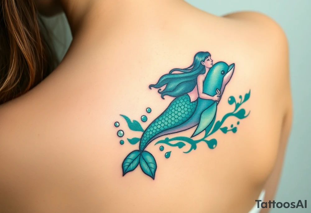 A mermaid riding a dolphin through an enchanted sea, blending deep emerald greens and luminous pearl whites tattoo idea