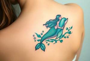 A mermaid riding a dolphin through an enchanted sea, blending deep emerald greens and luminous pearl whites tattoo idea