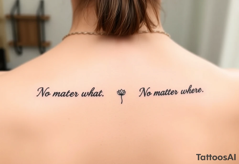A delicate cursive tattoo with the quote ‘No matter what’ (for one person) and ‘No matter where’ (for the other), placed along the collarbone. At the end of each quote, incorporate a soft, feminine flower design — such as a small lotus, daisy, or wildflower — that flows naturally from the end of the text, as if the flower is part of the lettering or subtly blooming from the last word.

Design should feel light, elegant, and symbolic of connection and unconditional love between mother and daughter. Style should be fine line or single-needle, black ink only, minimalistic and graceful. tattoo idea