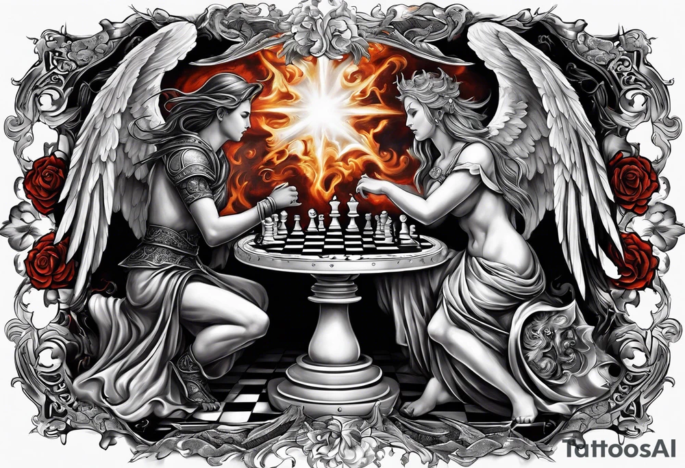 Depict an angel and demon playing chess on a board that morphs from celestial clouds to fiery inferno, representing the merging of the spiritual realms in the eternal game tattoo idea