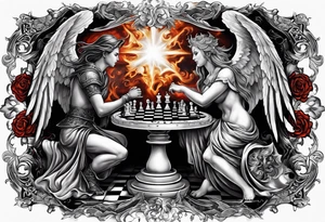 Depict an angel and demon playing chess on a board that morphs from celestial clouds to fiery inferno, representing the merging of the spiritual realms in the eternal game tattoo idea
