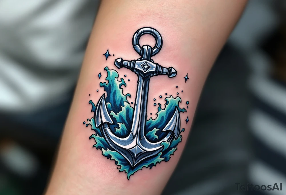 Oceanic Hook – A hook designed as a silver anchor, connected to flowing blue and green waves, representing a connection with the ocean's power. tattoo idea