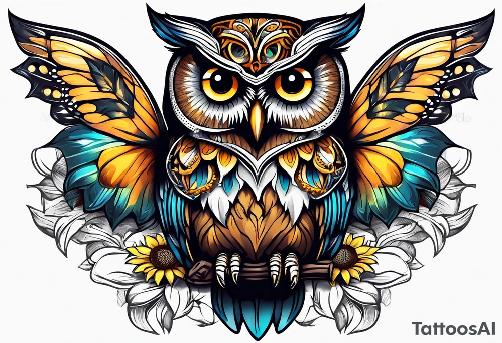 Owl with butterfly and sunflower tattoo idea