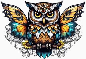 Owl with butterfly and sunflower tattoo idea