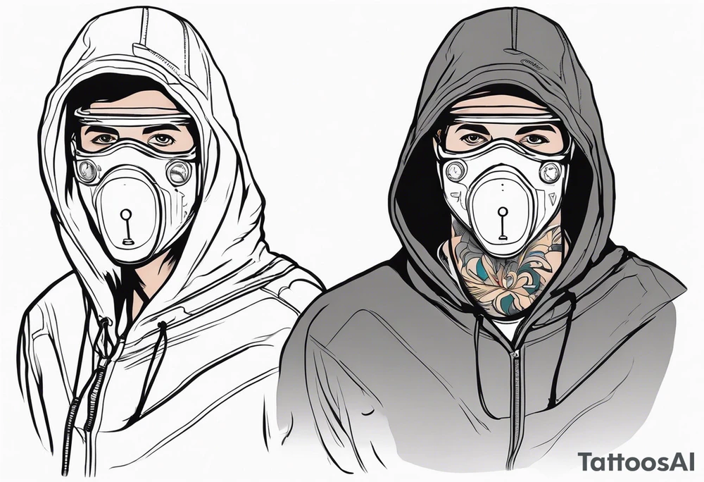 Time traveller man with time traveller visiting present from future hoodie covered face tattoo idea