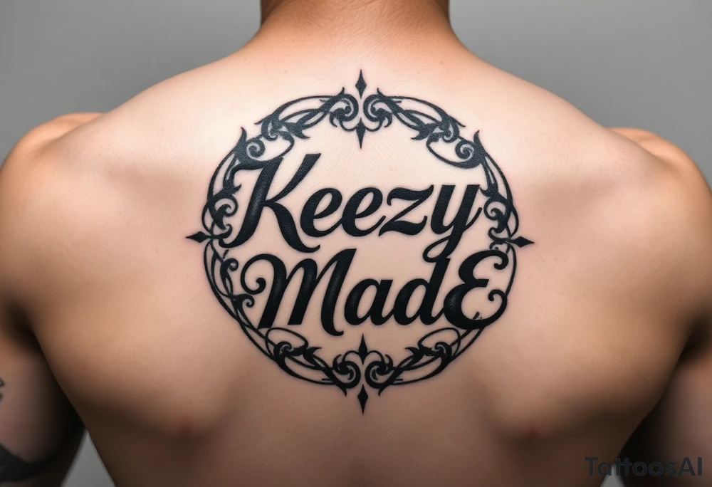 Nothing but lettersfancy but rugged twisted and intertwined circular arched curvy lettering in a circular  that would be clothing brand style that says (KeezY MadE) tattoo idea