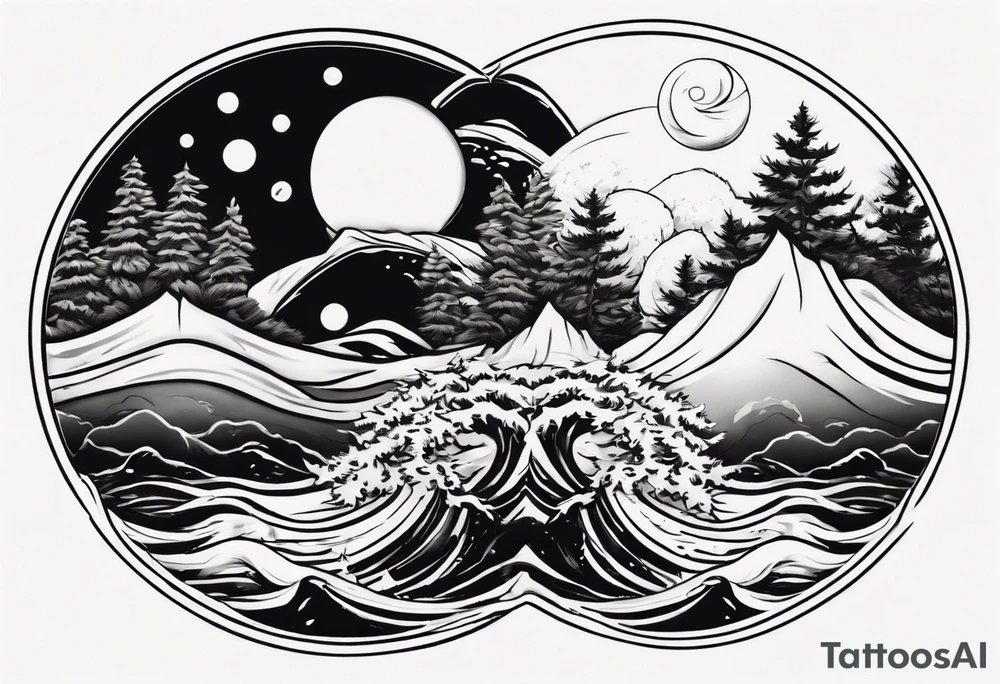 daytime yin with sun and ocean waves imagery in style of Hokusai with night time yin with moon and fir trees and mountains. edges should be blurred tattoo idea