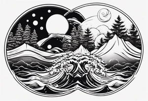 daytime yin with sun and ocean waves imagery in style of Hokusai with night time yin with moon and fir trees and mountains. edges should be blurred tattoo idea