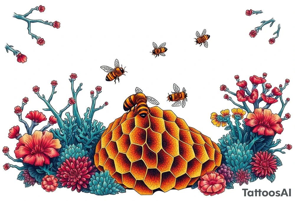 Coral reef scene with honey bees swimming on honey comb tattoo idea