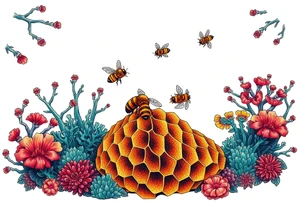 Coral reef scene with honey bees swimming on honey comb tattoo idea