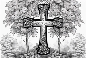 A cross and a maple tree tattoo idea