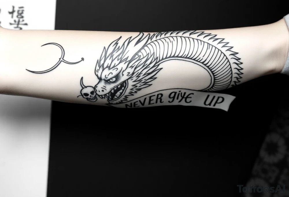 i want a big dragon on the forearm that wraps around the forearm with its tail. No wings. I want to be chinese and looking angry. I want a skull or some skulls involved in the tattoo. I want a banner that has «Never give up» written on it in chinese letters. I want the numbers 99/04 somewhere on it aswell. need it to be really big and cover the whole forearm tattoo idea