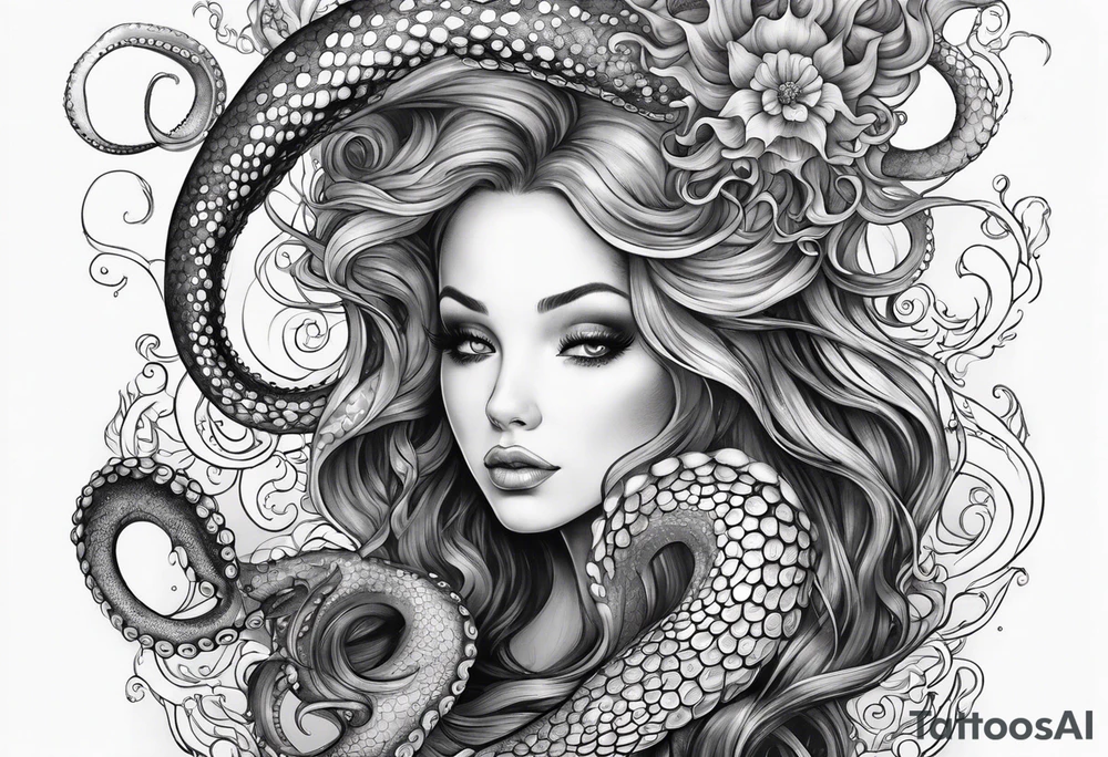 Leg sleeve Octopus looking up at a mermaid in the ocean tattoo idea