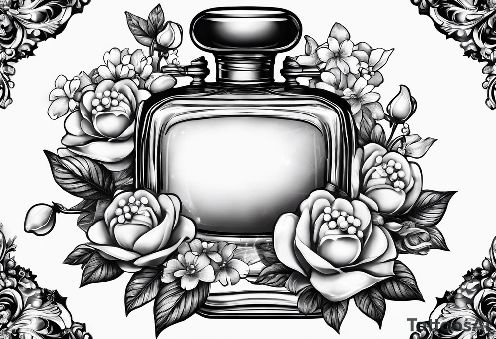 Pearl necklace wrapped around 1950s perfume bottle with flowers and bows surrounding tattoo idea