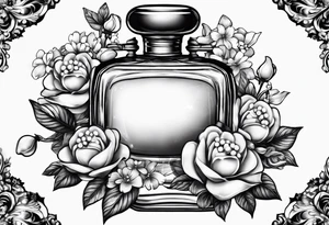 Pearl necklace wrapped around 1950s perfume bottle with flowers and bows surrounding tattoo idea