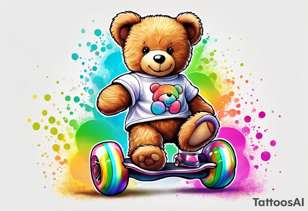a teddy bear, wearing cute, pastel rainbow roller skates tattoo idea