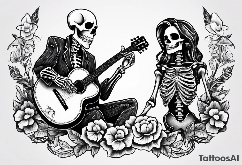 a male and a female skeleton. The male skeleton is playing the guitar. The female skeleton has a hibiscus flower. tattoo idea