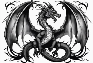 Mother dragon wings spread with 3 baby dragons tattoo idea