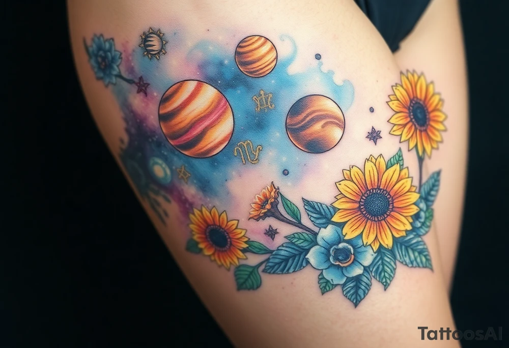 Milky way galaxy with planets with zodiac symbols and protection runes in it with tigerlillies roses and sunflowers tattoo idea