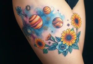 Milky way galaxy with planets with zodiac symbols and protection runes in it with tigerlillies roses and sunflowers tattoo idea