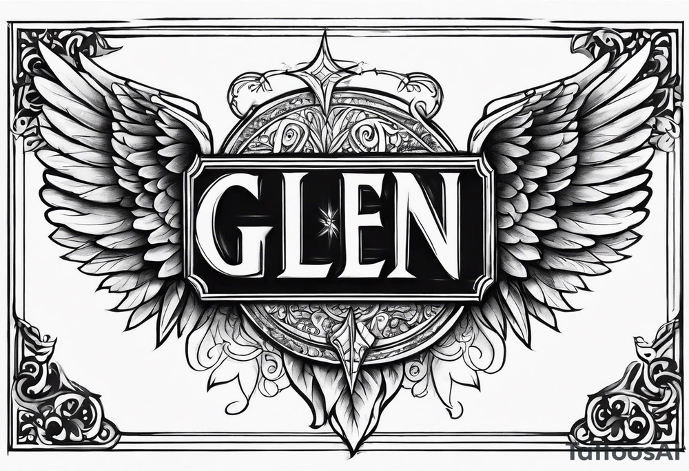 The word Glenn on a banner with angel Wings tattoo idea