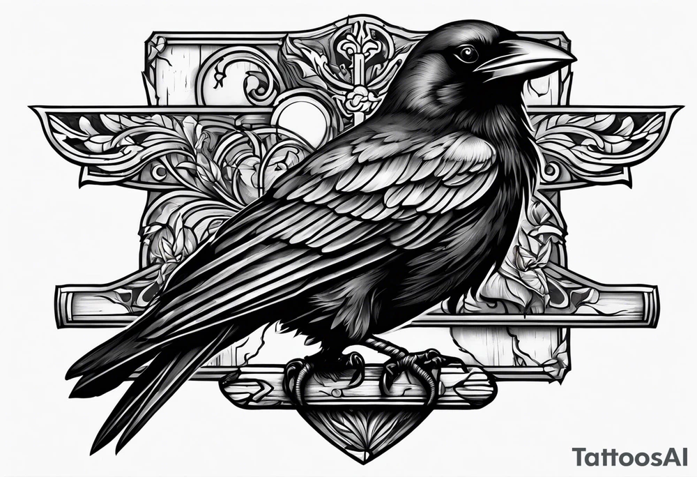 Crow resting a wooden cross tattoo idea