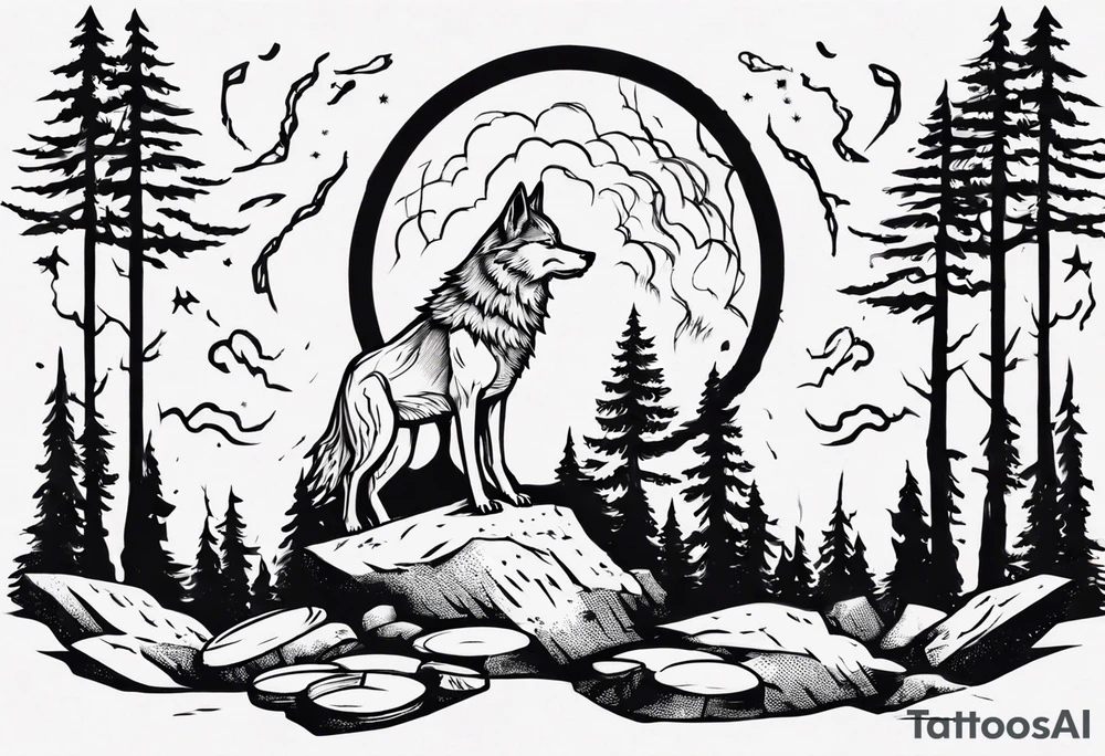 thunderstorm over a forest with a wolf howling on drums tattoo idea thunderstorm over a forest with a wolf howling on drums tattoo idea