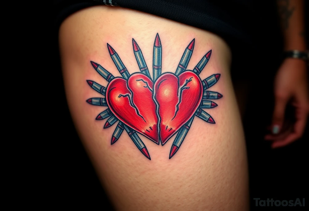 Red Broken hearts surrounded by blue bullets tattoo idea