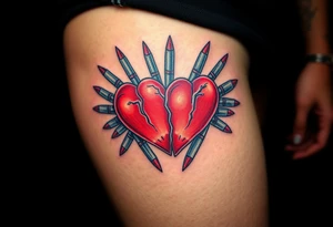 Red Broken hearts surrounded by blue bullets tattoo idea