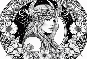 Viking goddess, axes, moonlight, flowers, Celtic, bedroom eyes, circular border, thors hammer, battle axe tattoo idea