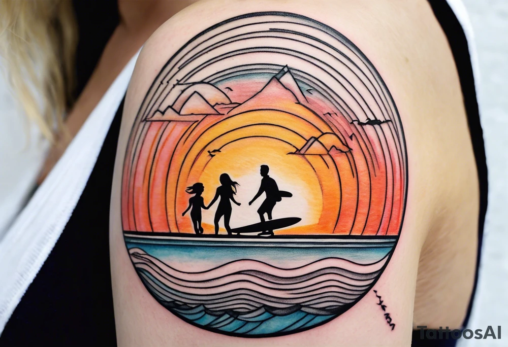 Black and white Line work tattoo depicting a father surfing with his two daughters.  The sunset and horizon have musical notes. tattoo idea