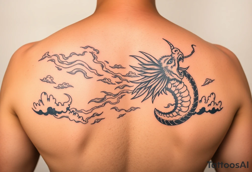 fierce dragon breathing iridescent fire against stormy skies tattoo idea